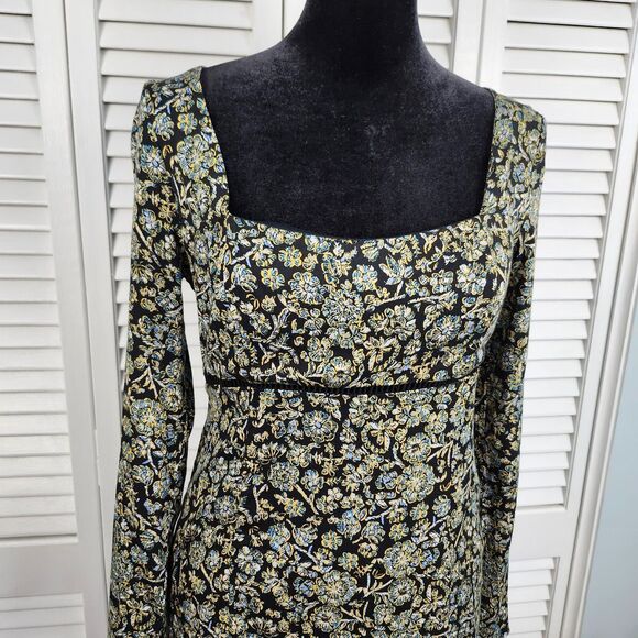 Free People Black Floral Mini Dress Long Sleeve Ruffle Boho NWT $128 Size 2 - Picture 2 of 15